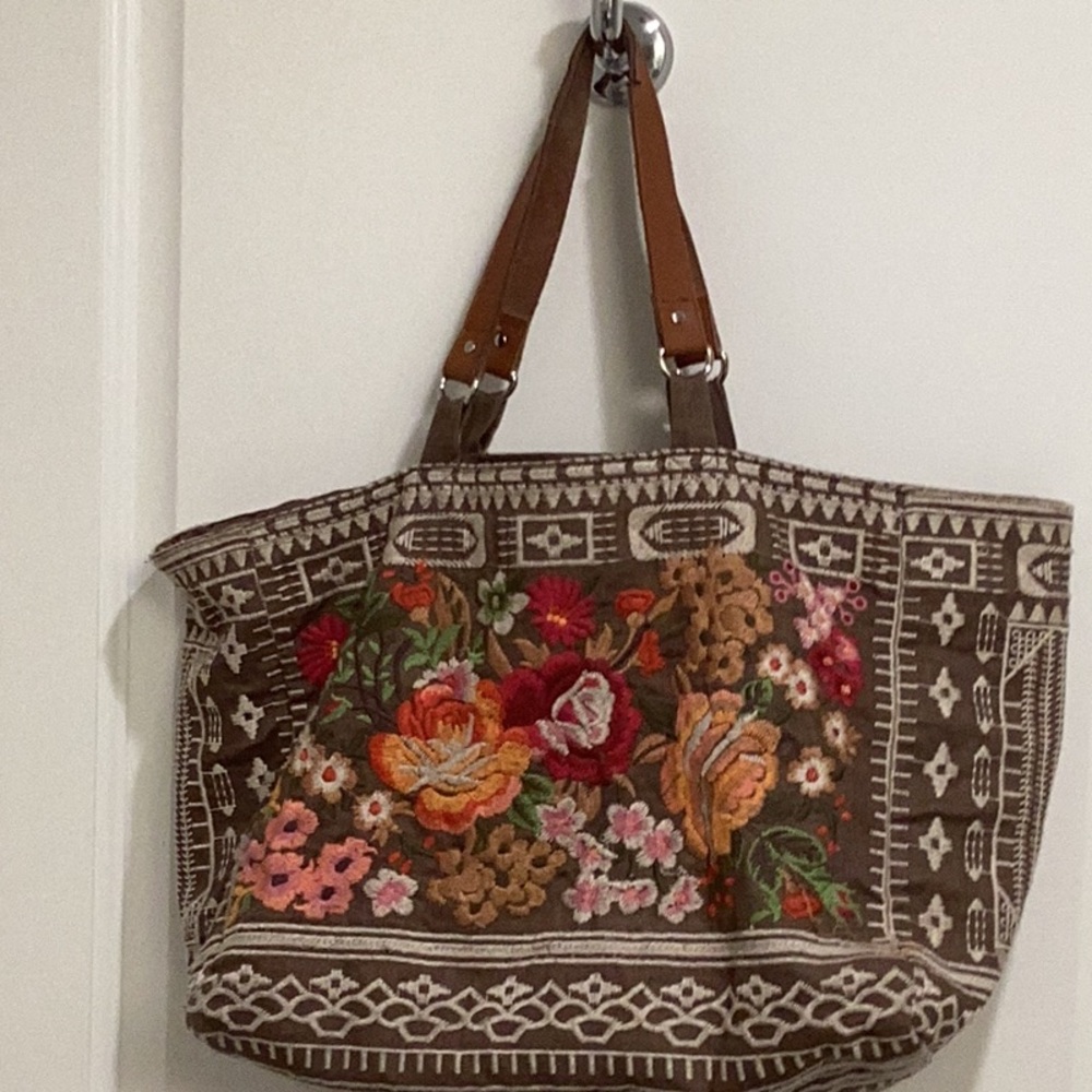 Floral Embroidered Brown Tote Bag